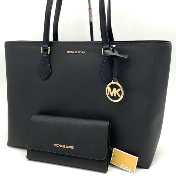 Michael Kors Bag Large Sheila Mf Tote Bag & Large Trifold Wallet Black/Gold - Picture 1 of 14